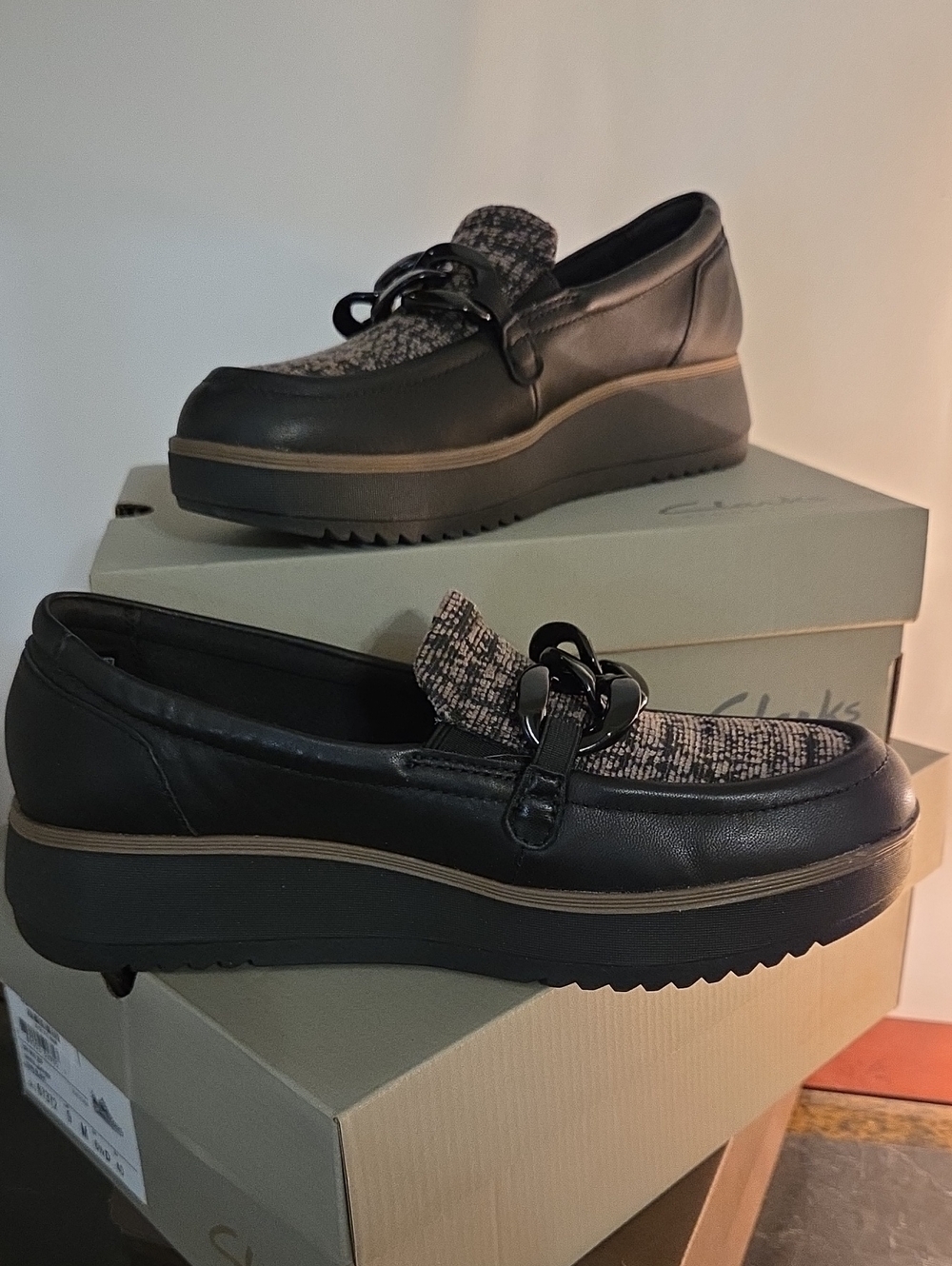 Clarks Black Leather Platform Loafer with Tweed Vamp